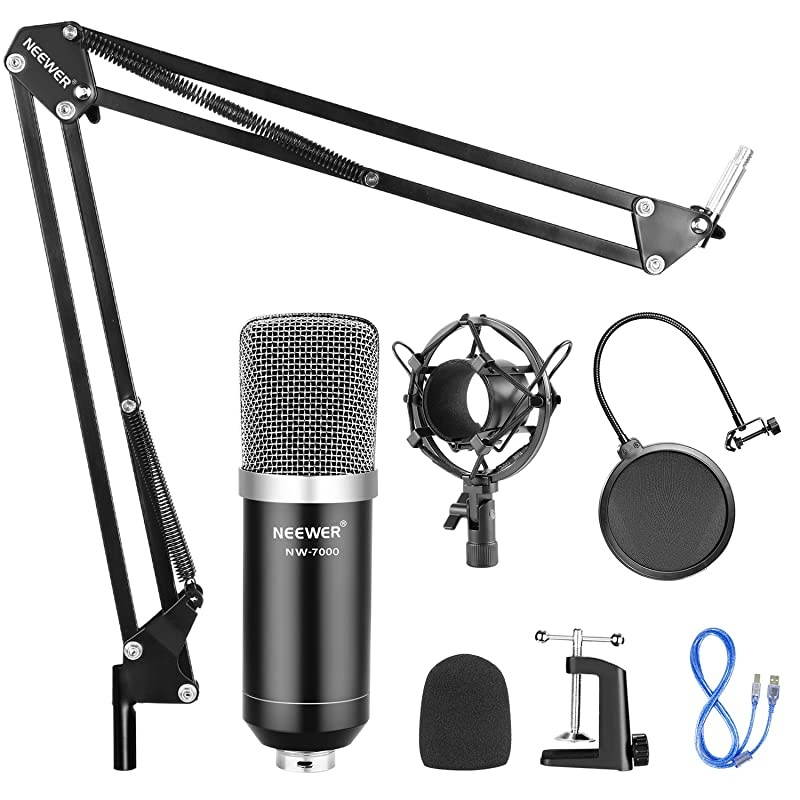 USB Microphone for Windows and Mac with Suspension Scissor Arm Stand Shock Mount Pop Filter USB Cable and Table Mounting Clamp Kit for Broadcasting and Sound Recording Black