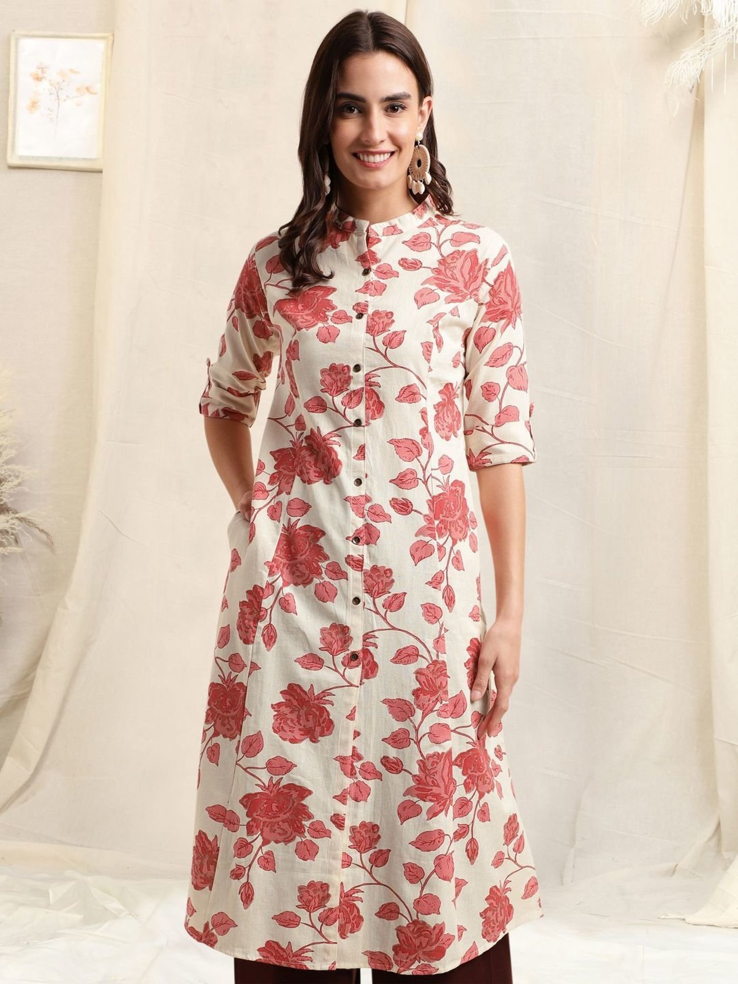 MIRCHI FASHION Beige Cotton Floral Print Straight Kurta