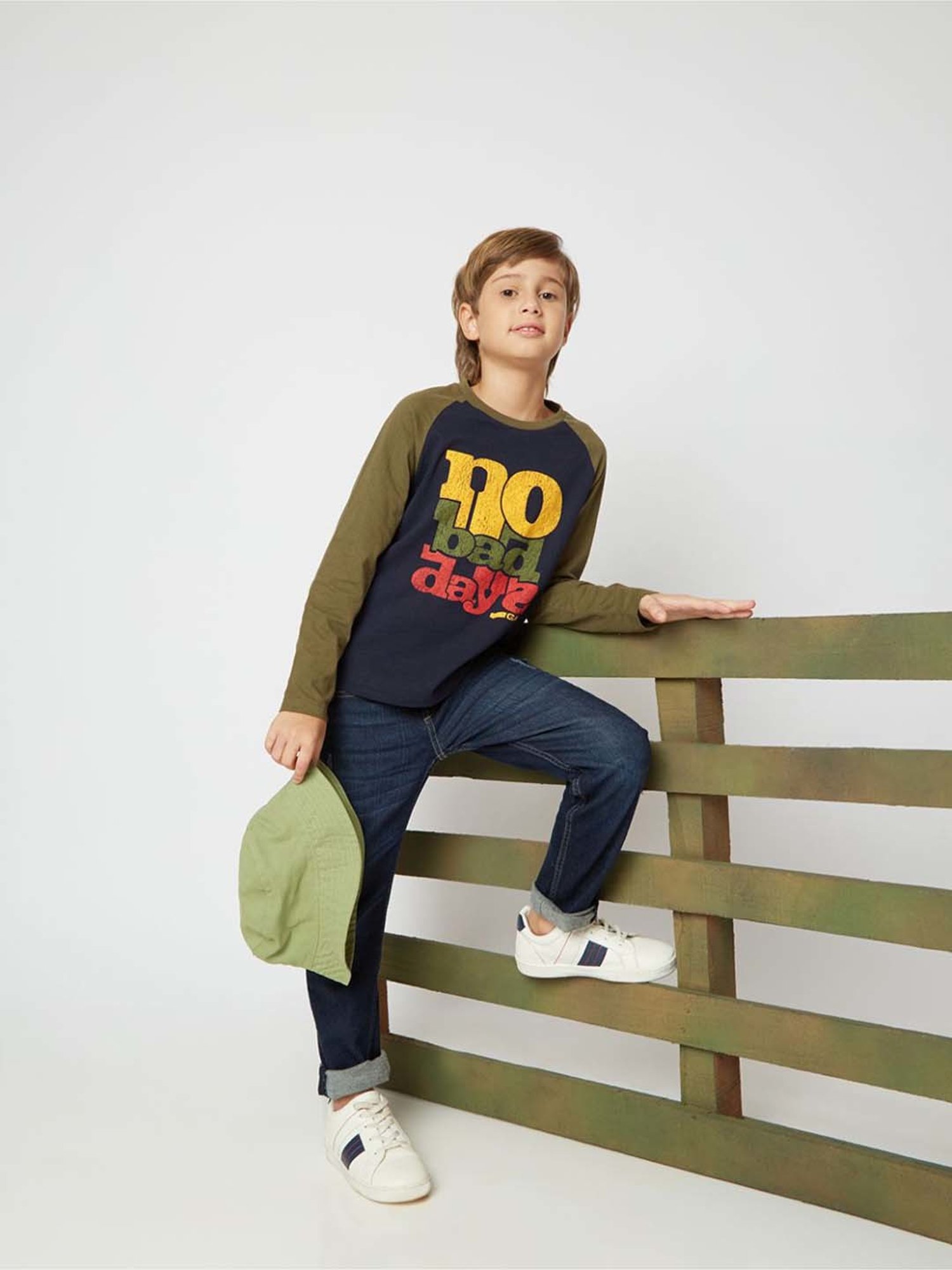 Gas Kids Navy & Green Cotton Printed Full Sleeves T-Shirt