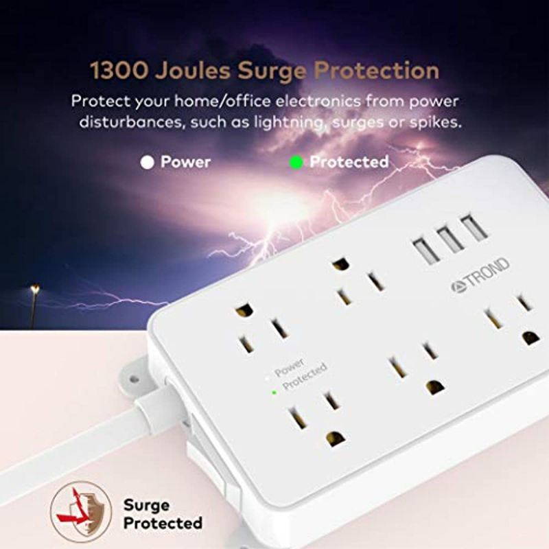 Power Strip Surge Protector, ETL Listed, TROND Flat Plug Outlet Extender with 5 Widely-Spaced Outlets and 3 USB Ports, 1300J, Wall Mountable 5ft Cord, for Computer Garage Kitchen Behind TV, White