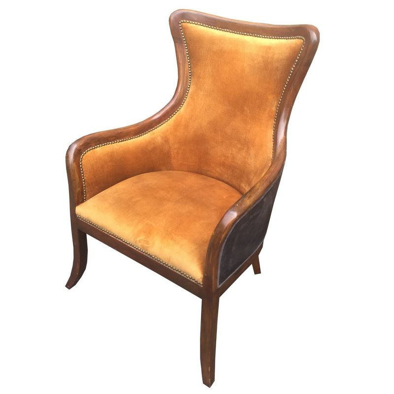Curved Back Fabric Arm Upholstered Wooden Accent Chair Brown/Orange - The Urban Port