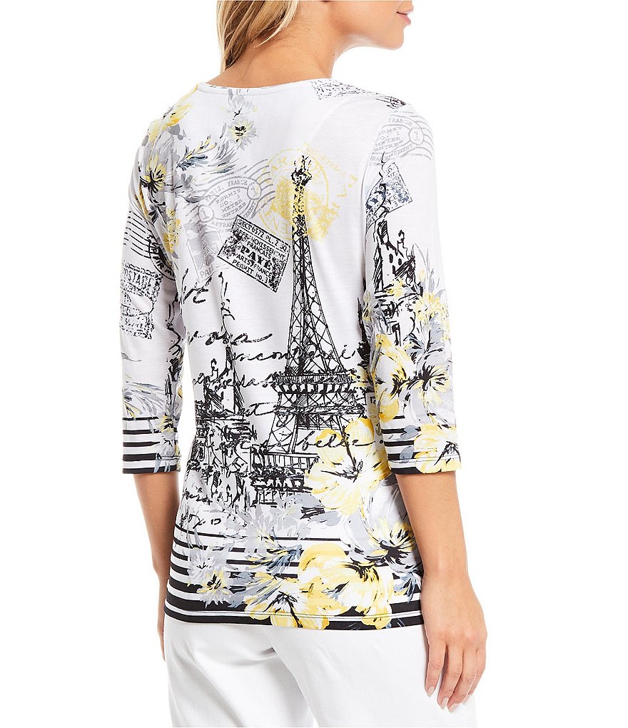 Allison Daley Parisian Print Rhinestone Embellished Detail 3/4 Sleeve Crew Neck Top