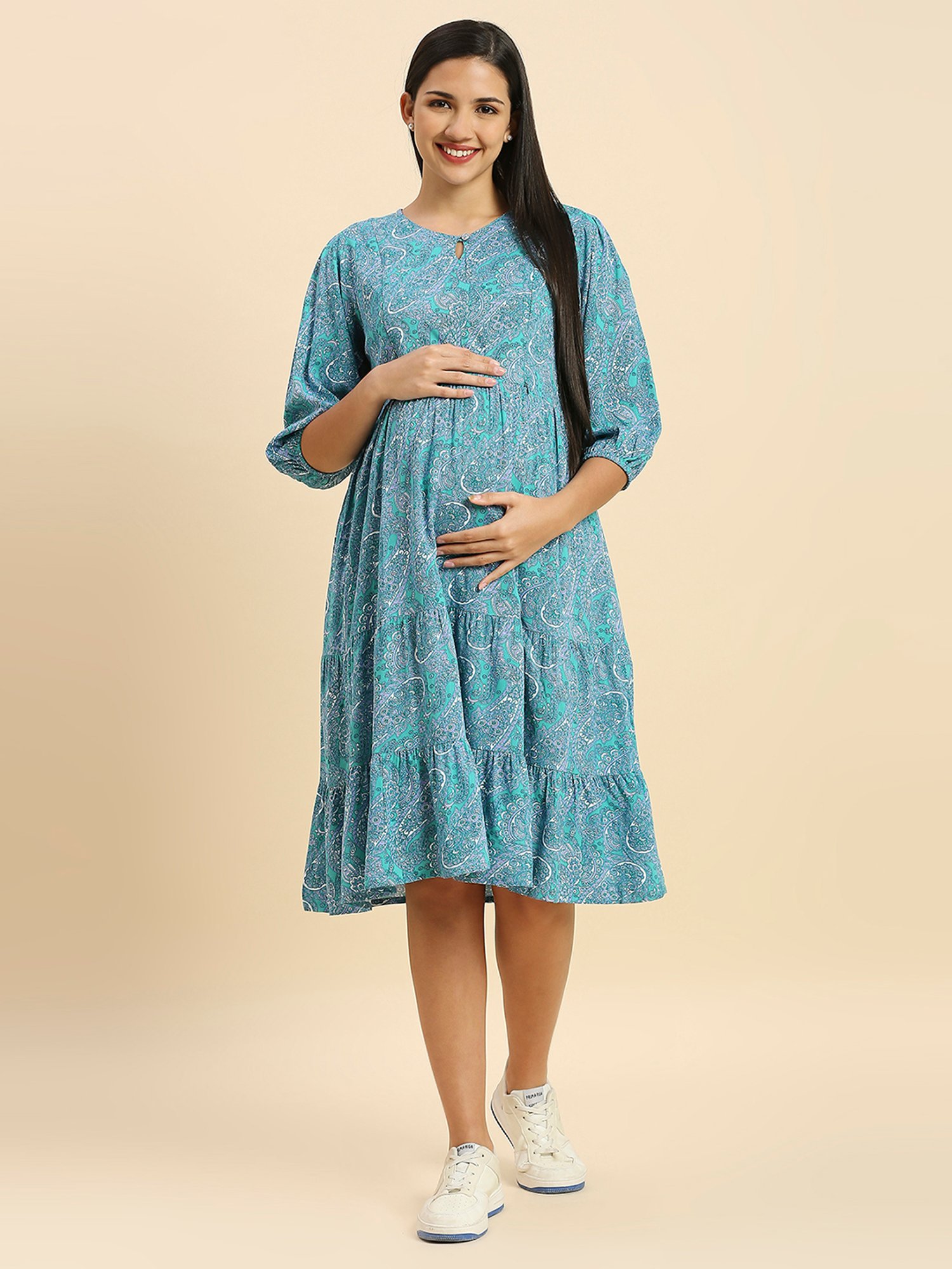 MomToBe Green Rayon Printed Maternity Midi Dress
