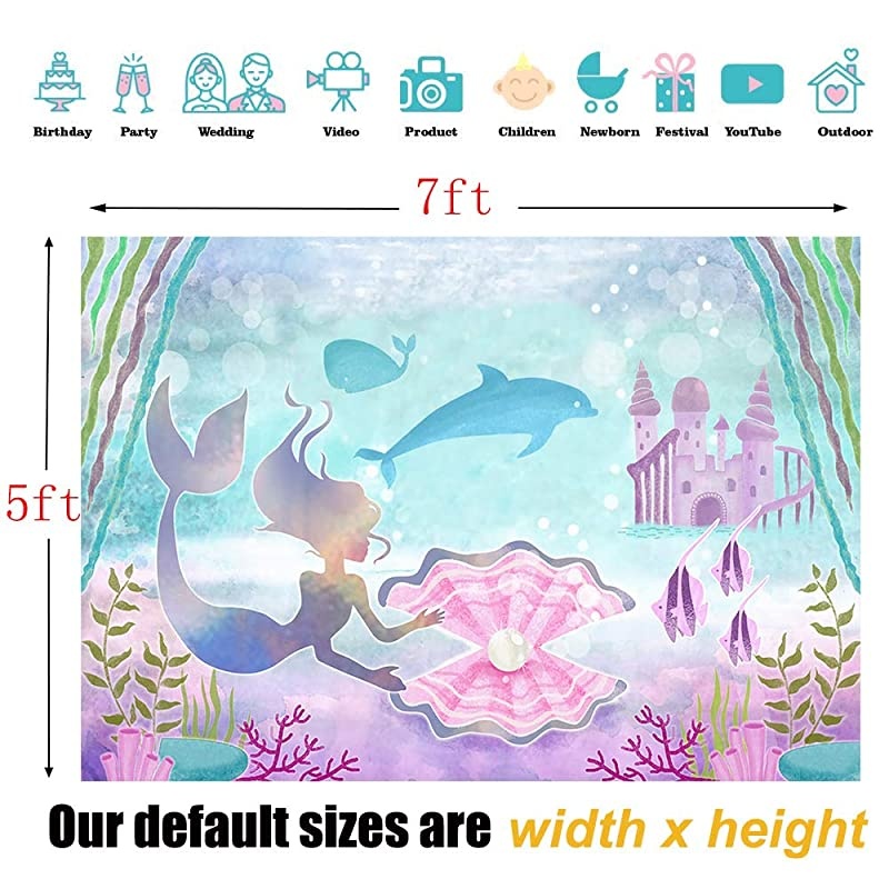 Under The Sea Little Mermaid Birthday Backdrop Banner for Girls Castle Whale Pearl Princess Mermaid Birthday Party Decorations Supplies Cake Table Background 7x5ft