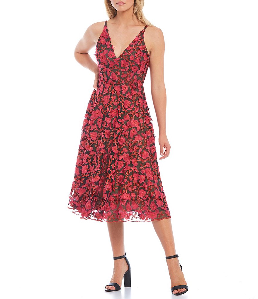 Dress the Population Elisa A-Line 3D Floral Embroidered Midi Dress