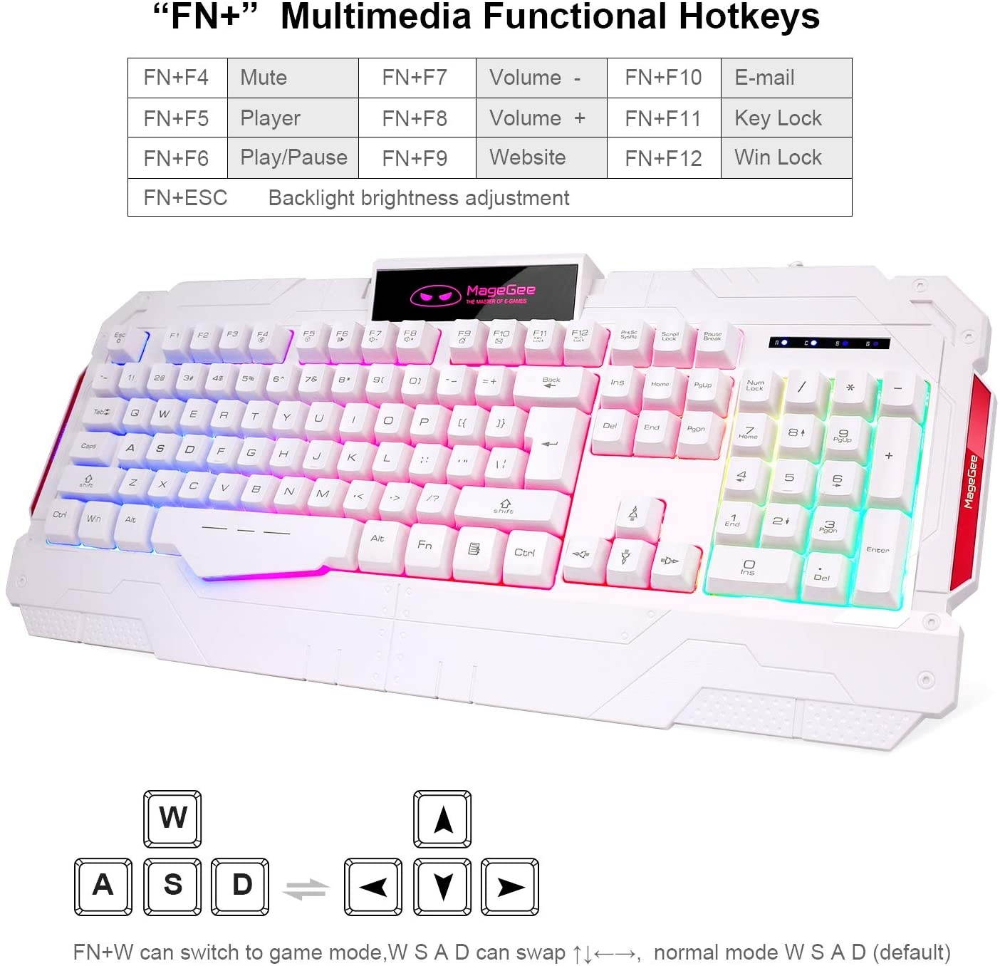 PC Gaming Keyboard and Mouse Combo, GK806 LED Rainbow Backlit USB Keyboard and Mouse Set, G7 Gaming Mouse and Keyboard 104 Key Computer PC Gaming Keyboard with Wrist Rest-White