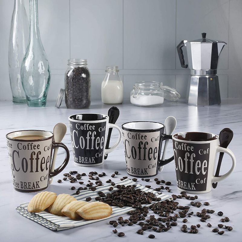 Gibson Mr. Coffee Dolce Cafe 4 Person 8 Piece Ceramic Stoneware Mug and Matching Spoon Set with Coffee Lettering, Assorted Colors