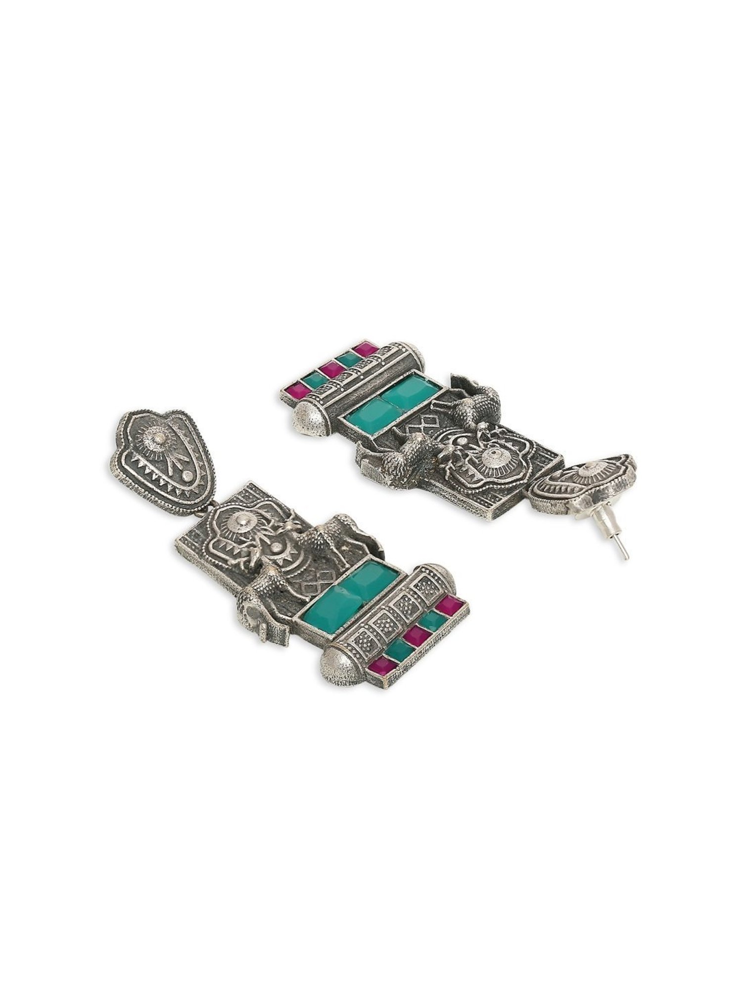 OOMPH Silver Oxidized Look Alike Green Stones Deer Shape Ethnic Dangler Earrings