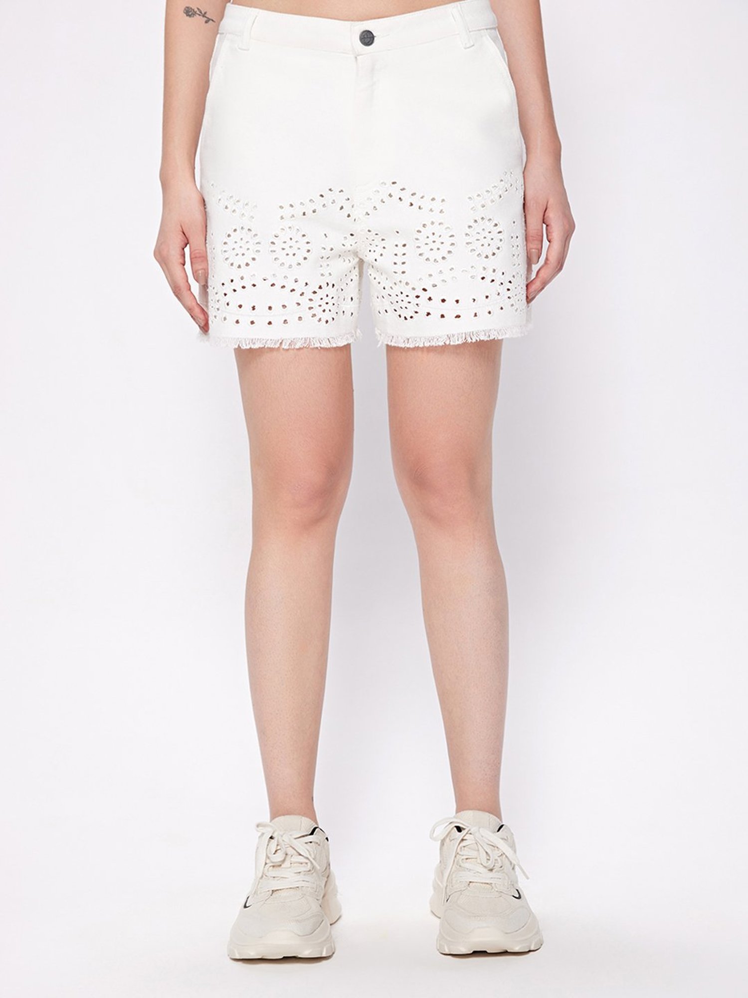 Cover Story White Self Design Schiffli Shorts