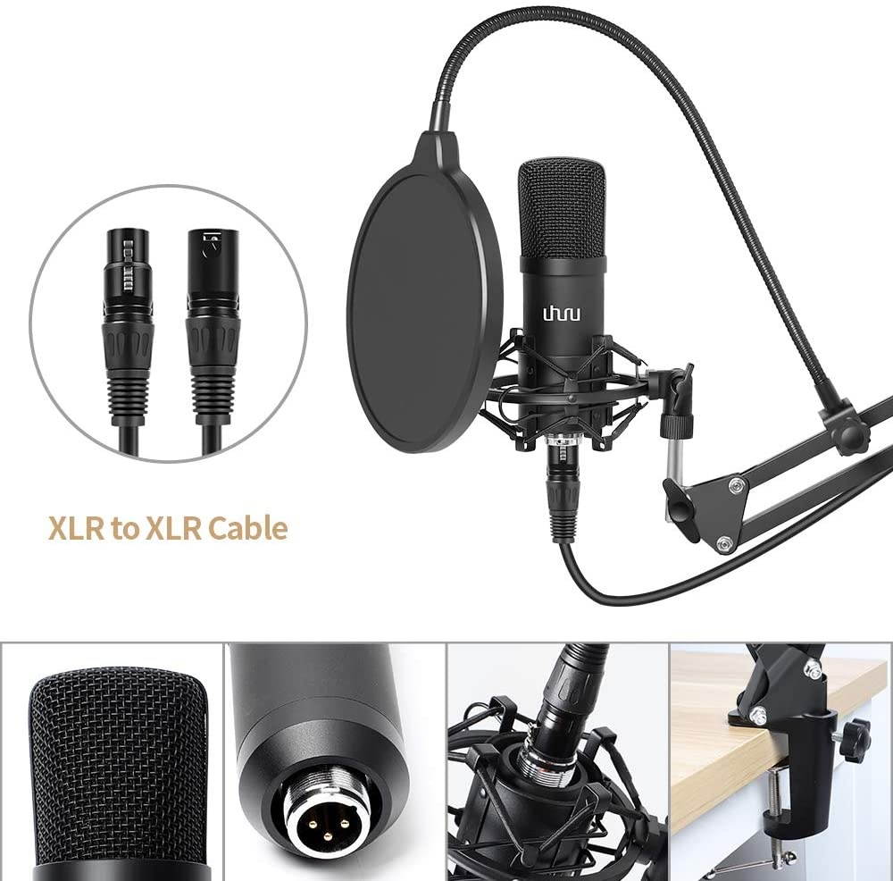 Condenser Microphone, Professional Studio Cardioid Microphone Kit with Boom Arm, Shock Mount, Pop Filter, Windscreen and XLR Cable, for Broadcasting,Recording,Chatting and YouTube