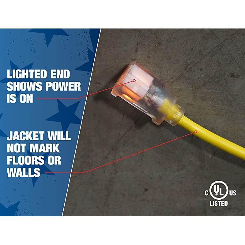 25890002 2589SW0002 Outdoor Cord123 American Made SJTW Heavy Duty 3 Prong Extension Cord Water Resistant Vinyl Jacket for Commercial Use and Major Appliances Foot Yellow 100 Feet