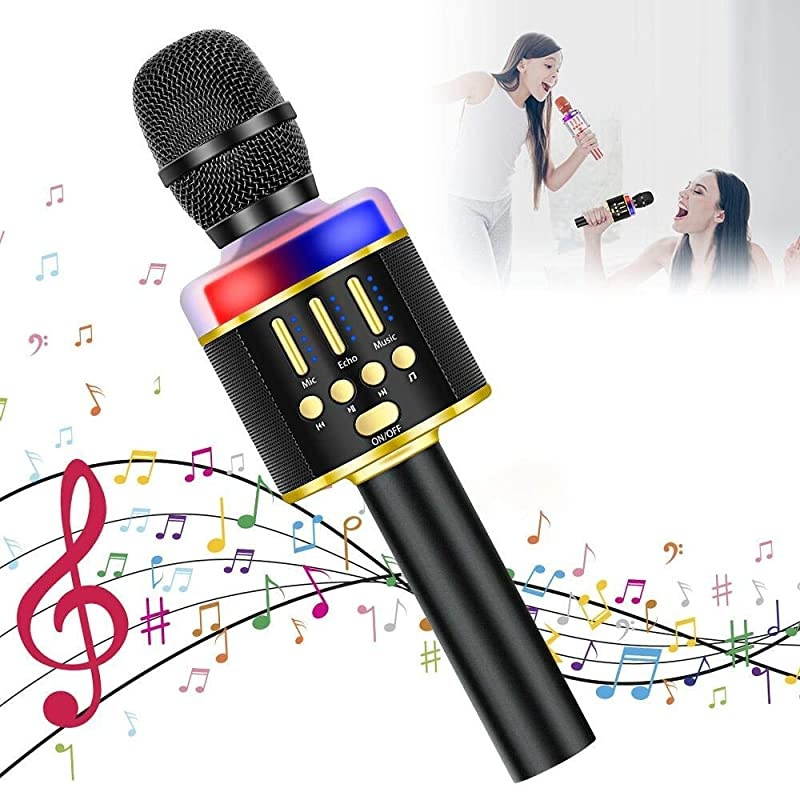 Karaoke Microphone for Kids & Adult, Handheld Wireless Bluetooth Karaoke Mic Speaker Music Player Recorder with LED Lights for Birthday Party, Wedding, Christmas