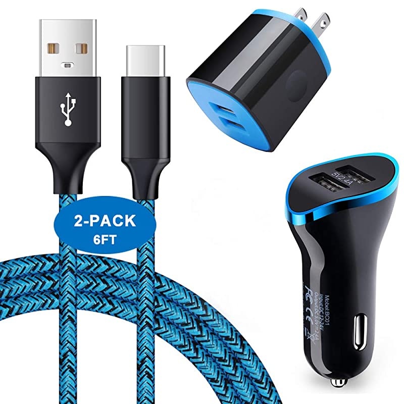 USB Type C Charger, Wall Charger, Car Charger,  Dual Port Wall Adapter with Car Charger Adapter + 2Pack 6ft Fast Charging Cable Compatible with Moto Z3 Play/G6/G6 Plus/G7/G8/Z2 Force/Z4/X4/X5/Z