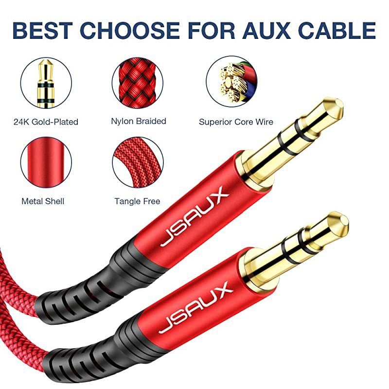 AUX Cable 4ft2Pack Copper Shell HiFi Sound 35mm TRRS Auxiliary Audio Cable Nylon Braided Aux Cord Compatible for CarHome StereosSpeakerHeadphonesSonyEcho DotBeats Red