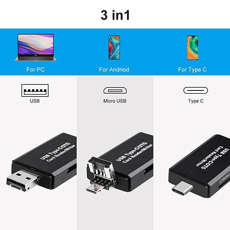 Card Reader,USB Type C Micro USB Card Reader USB 2.0 Adapter Memory Card Reader for MMC, XC,HC,,RS-MMC, Micro , Micro XC,Micro HC Card for Android Smartphone, MacBook and PC Laptop