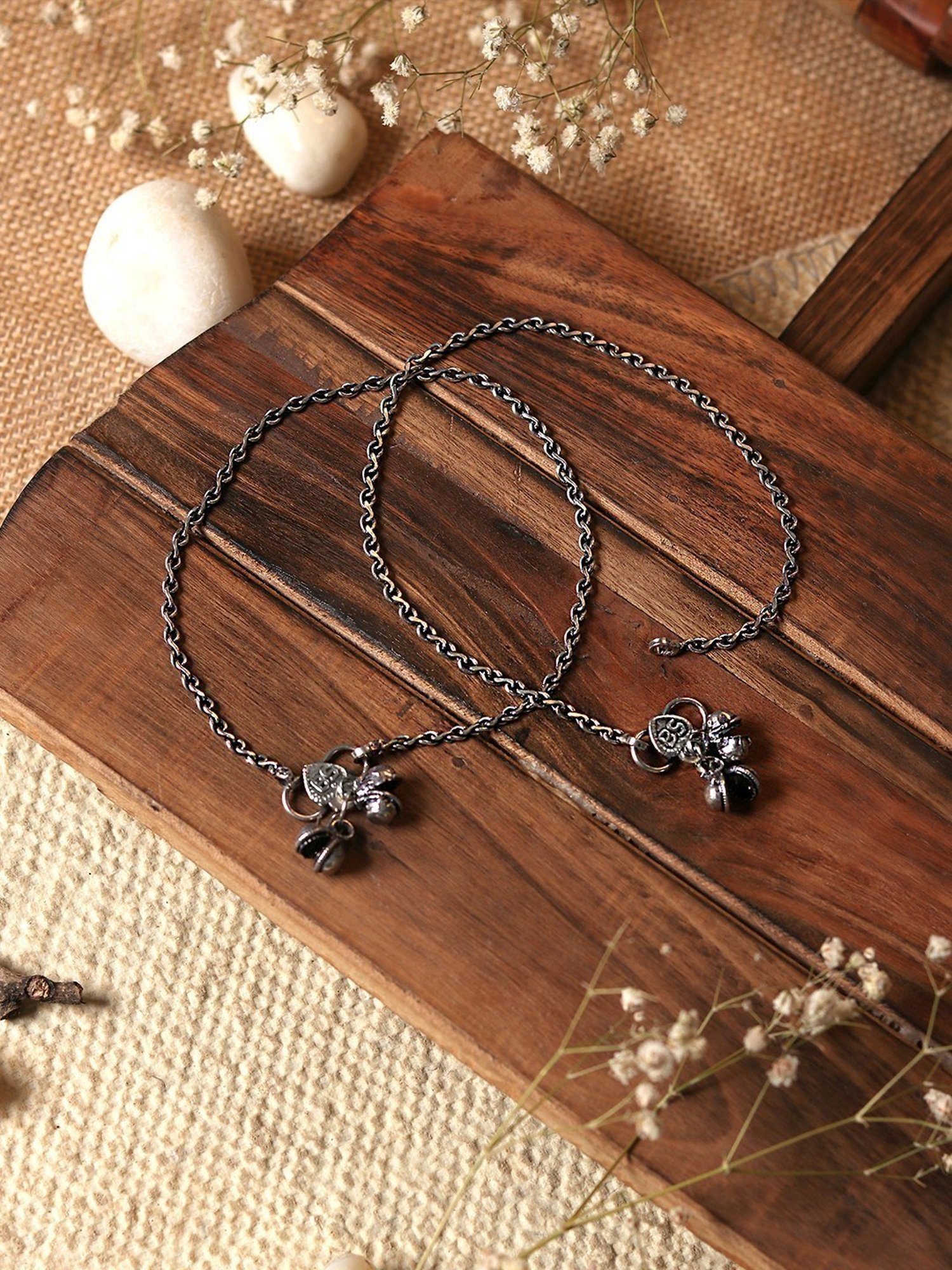 Teejh Ethnic Viranshu Silver Oxidized Anklets for Women