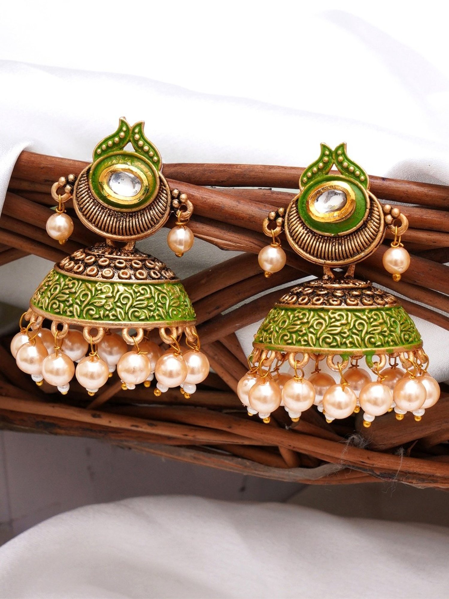 Karatcart Antique Gold-Plated Polki Kundan Studded Light Green Meena Jhumki Earrings for Women
