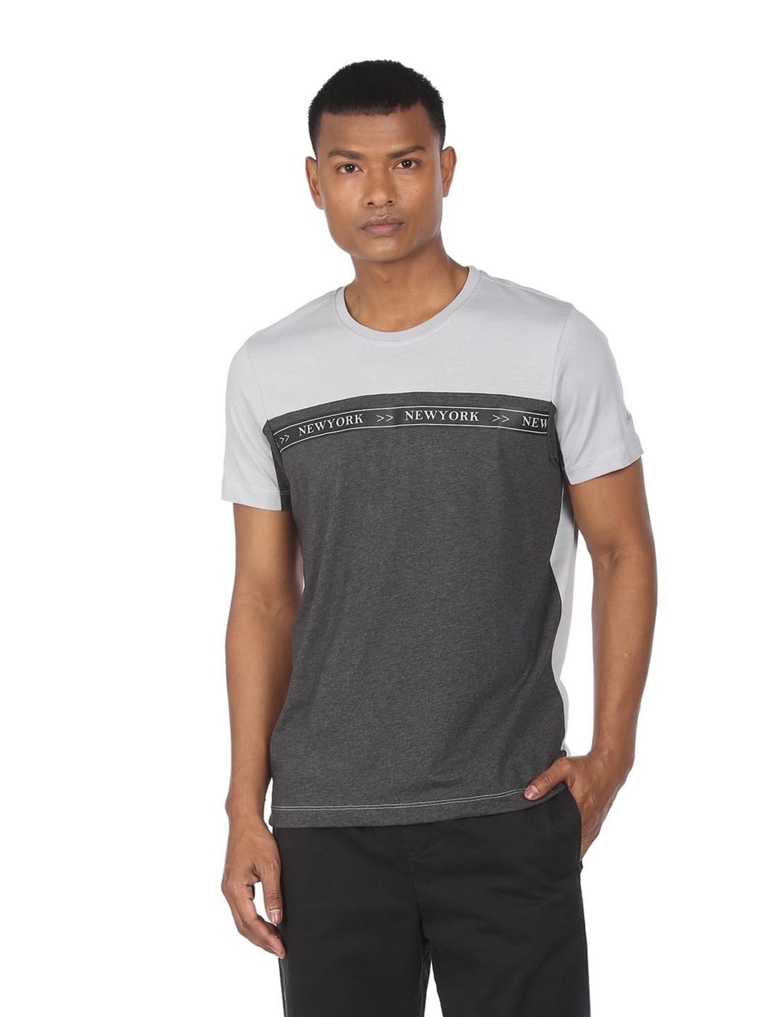 Arrow New York Grey Cotton Regular Fit Colour Block T-Shirt