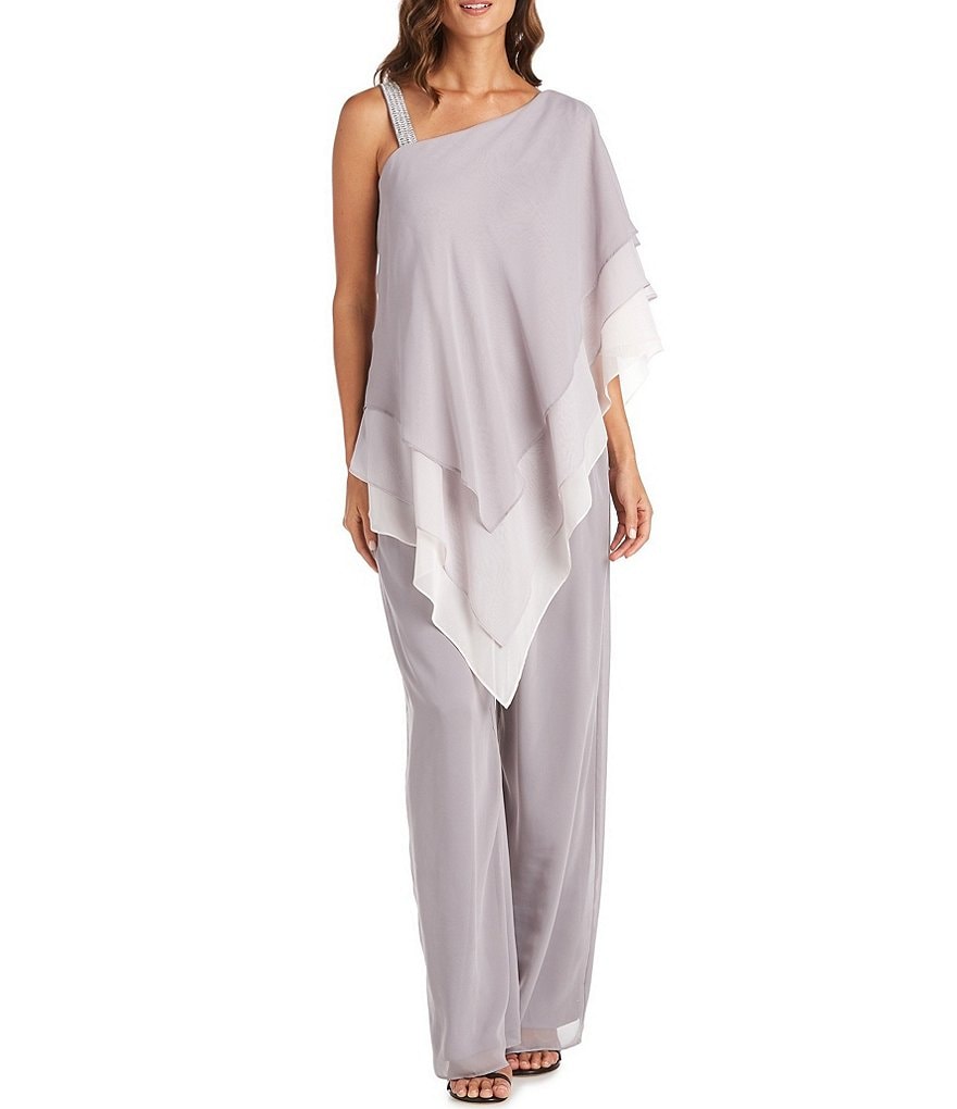 R & M Richards Ombre Chiffon Caplet One Shoulder 2-Piece Pantsuit
