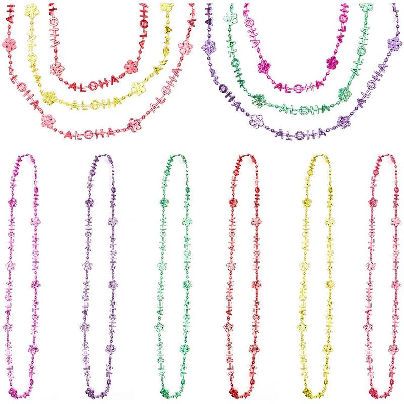 24 Pack Aloha Necklaces, Plastic Tiki Bead Necklaces for Luau Tropical Hawaiian Birthday Party Favors for Kids, Goody Bag, Gifts for Girls, 15.5" Long