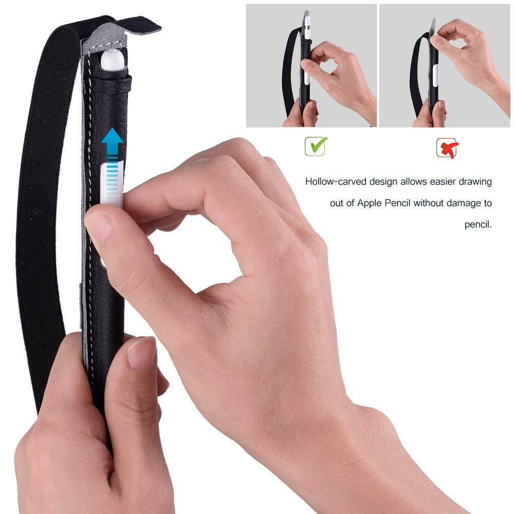 Fullmosa 4 Colors for Apple Pencil Holder, Genuine Litchi Texture Leather Apple Pencil Sleeve with USB pocket Handmade Compatible with iPad Pro 12.9" Cases, Black