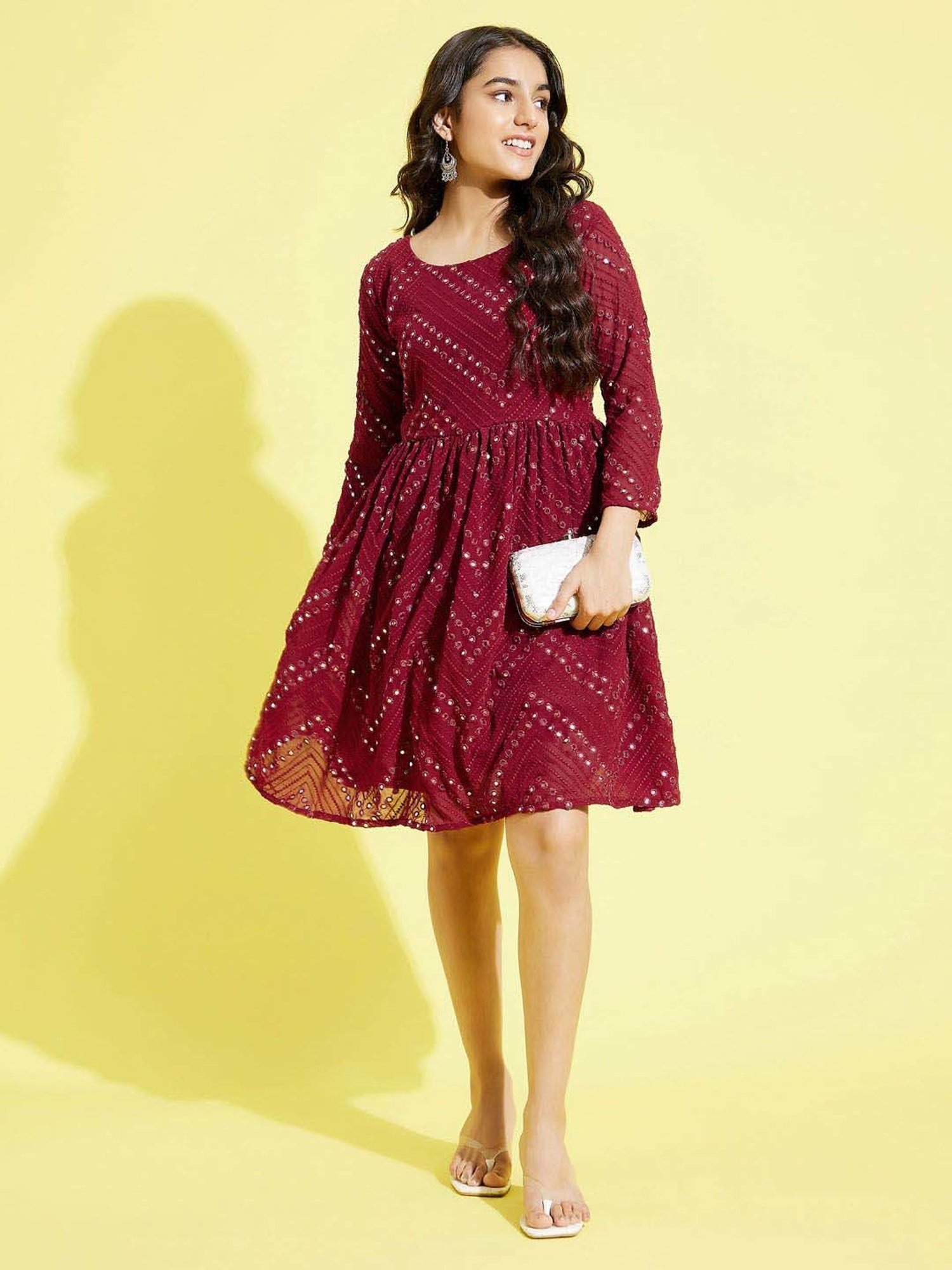VASTRAMAY Kids Maroon Embroidery Dresses