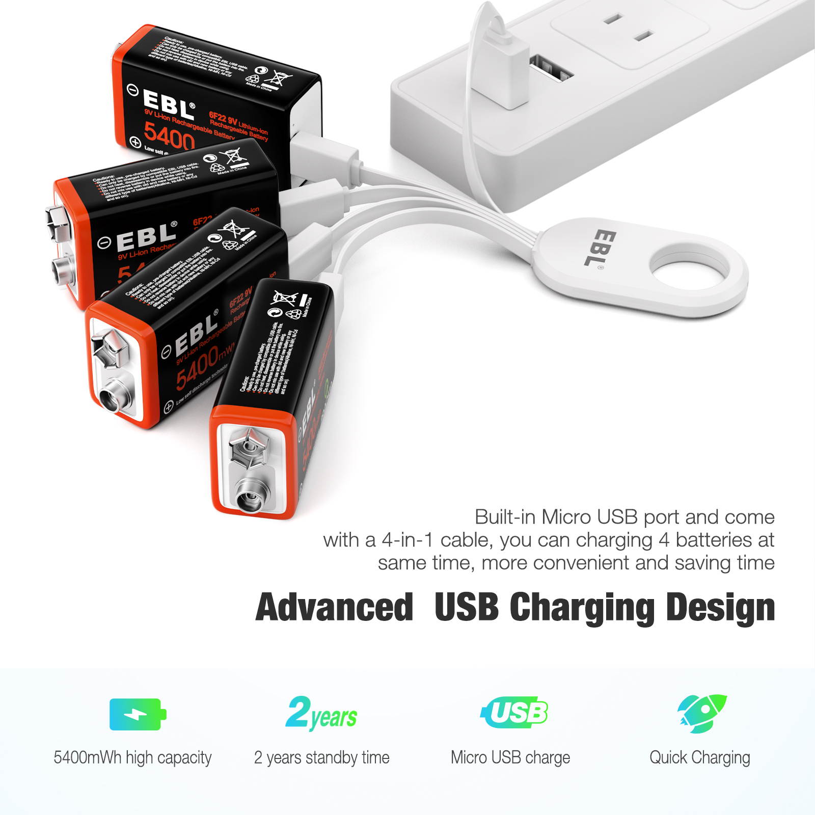 8 Pack EBL USB  5400mWh 9V Rechargeable Lithium Battery,Durable LI-ion Batteries with Micro Charging Cable, Quick Charge in 2 Hours