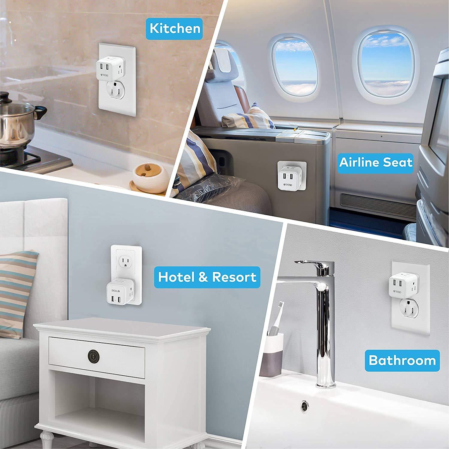 Multi Plug Outlet Extender, ETL Listed, TROND Electrical Outlet Splitter Expanders with 2 USB Ports, 3 Prong Wall Plug Adapter, Power Strip Cube Cruise Ship Accessories Must Have