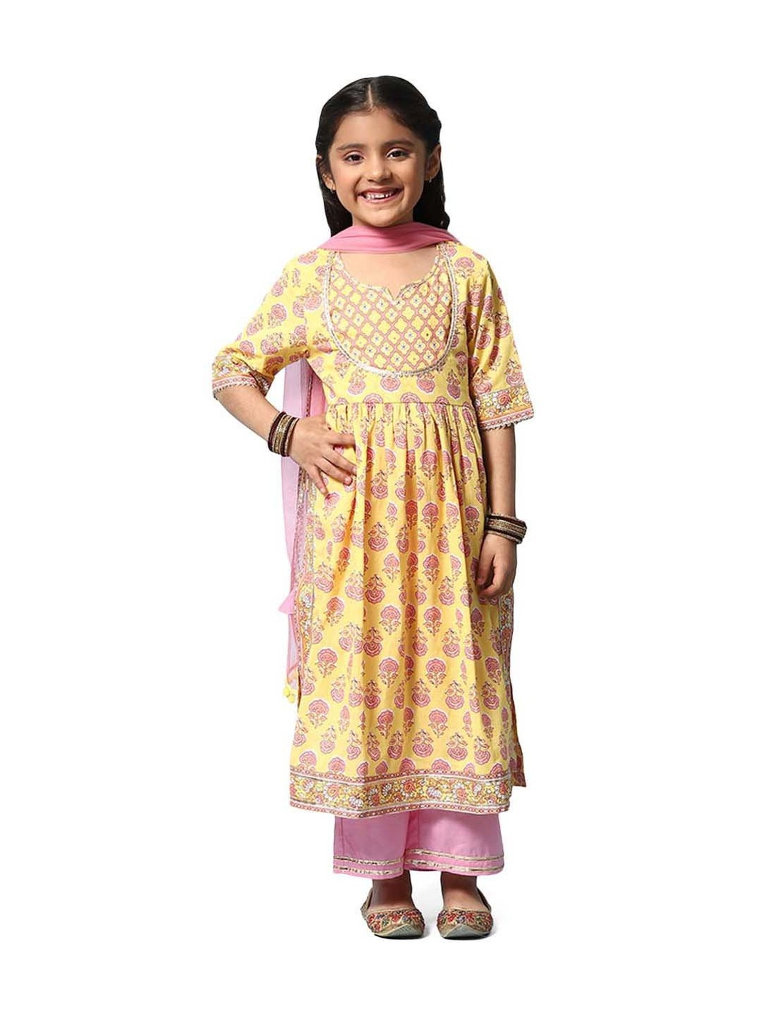 BIBA Girls Yellow & Pink Printed Kurta Set
