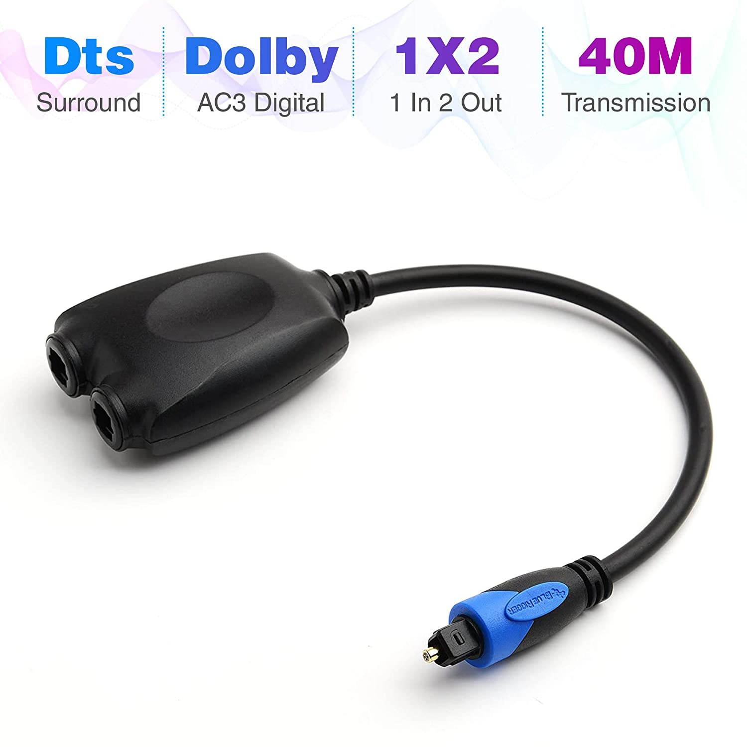 BlueRigger 1x2 Toslink Digital Fiber Optic Audio Splitter 1 Male Input 2 Female Output - with 24K Gold Plated Connectors (for Home Theatre Xbox Playstation etc.)