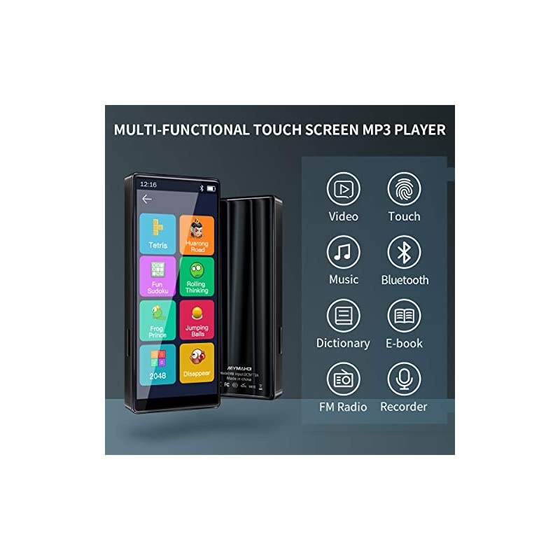 MP3 Player with Bluetooth 5.0, High Resolution and Full Touch Screen, Built-in Speaker, 8GB HiFi Lossless Sound Player with FM Radio, Voice Recorder, Supports up to 128GB, Black