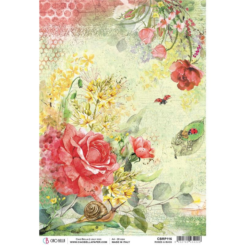 Ciao Bella Rice Paper Sheet A4 5/Pkg-Roses & Bugs, Microcosmos