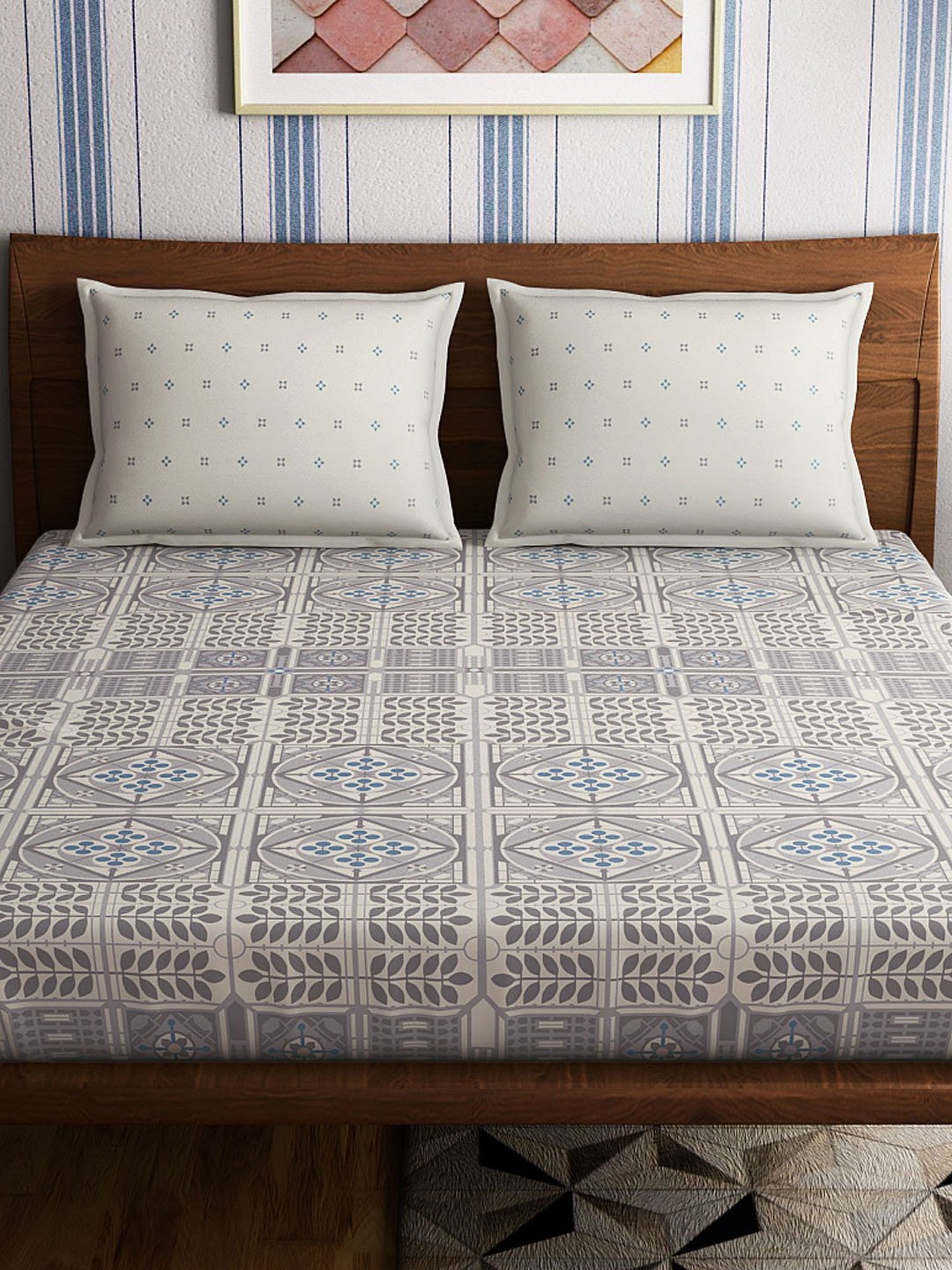 Petal Home Strasbourg Abstract Grey 300 TC Cotton King Size Bed Sheet with 2 Pillow Covers