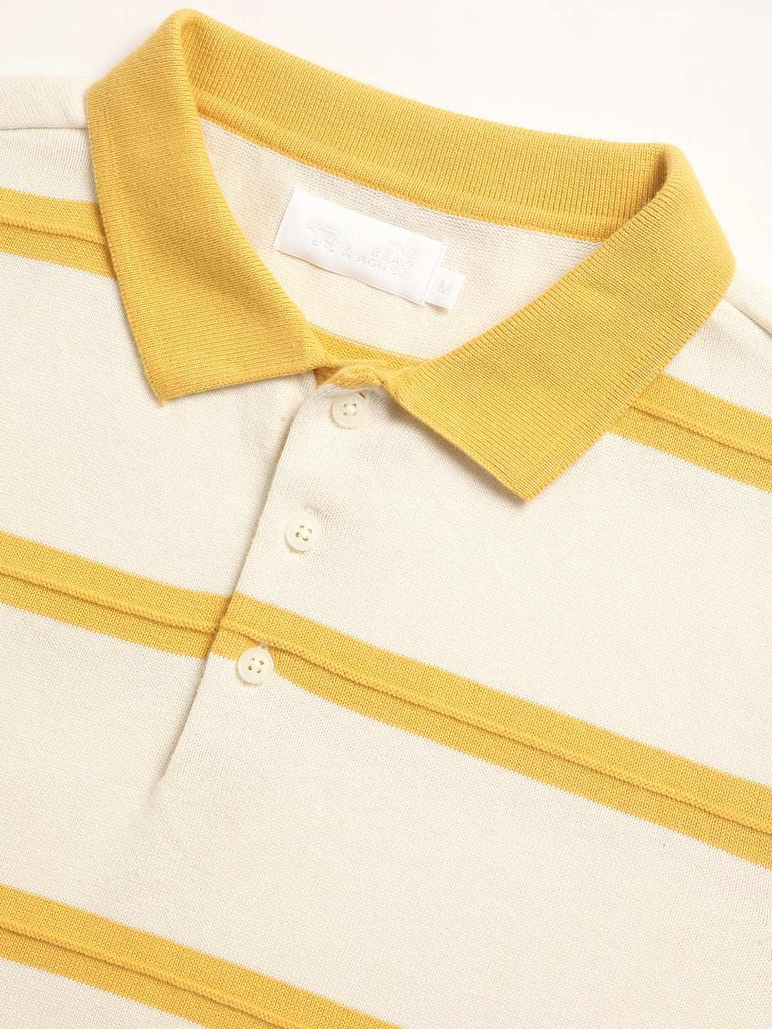 The Bear House Cream Cotton Regular Fit Striped Polo T-Shirt