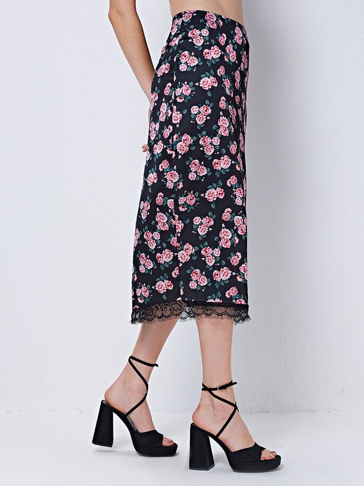 Cover Story Black Floral Print A-Line Midi Skirt