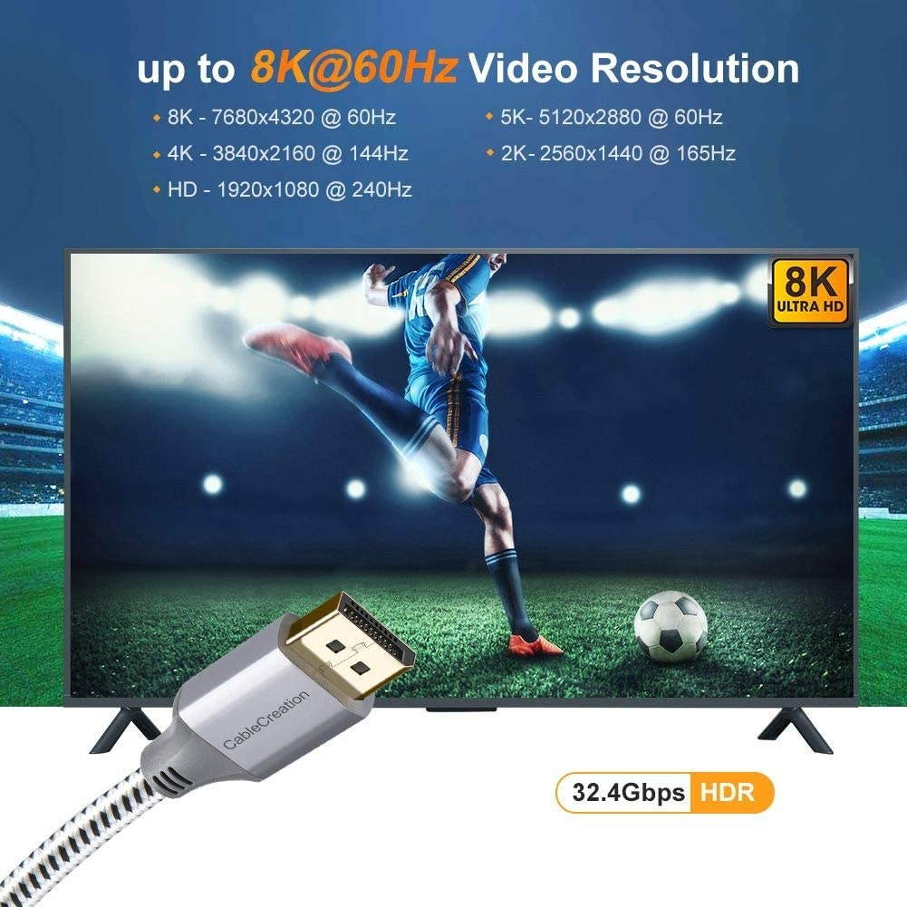 CableCreation 8K DisplayPort Cable 1.4 DisplayPort to DisplayPort Cable 6.6ft (DP to DP Cable) Gold Plated with 8K@60Hz 4K@144Hz 2K@165Hz Video Resolution & HDR Support 2M/ Space Gray