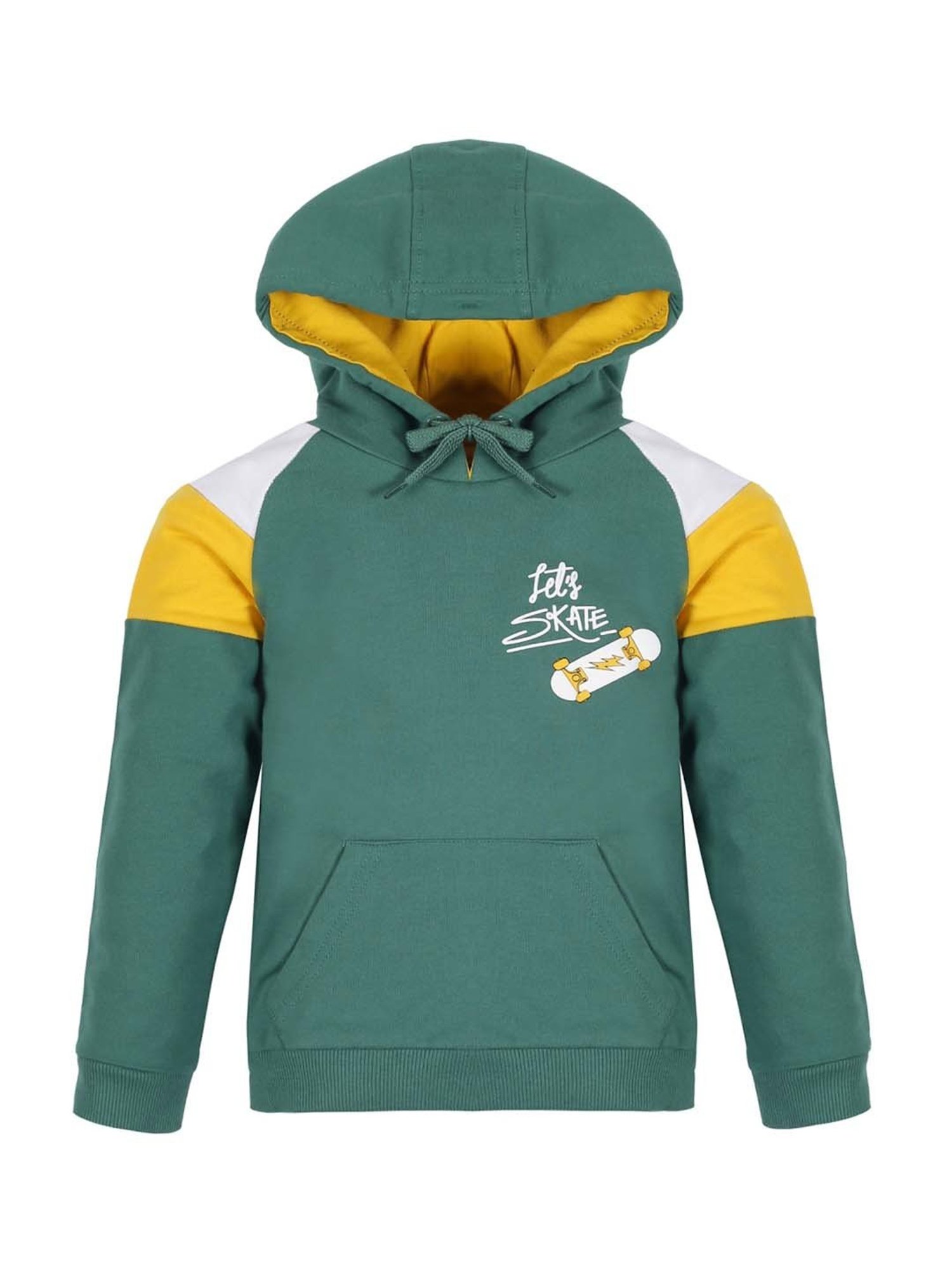 Plum Tree Kids Green & Yellow Cotton Color Block Full Sleeves Hoodie