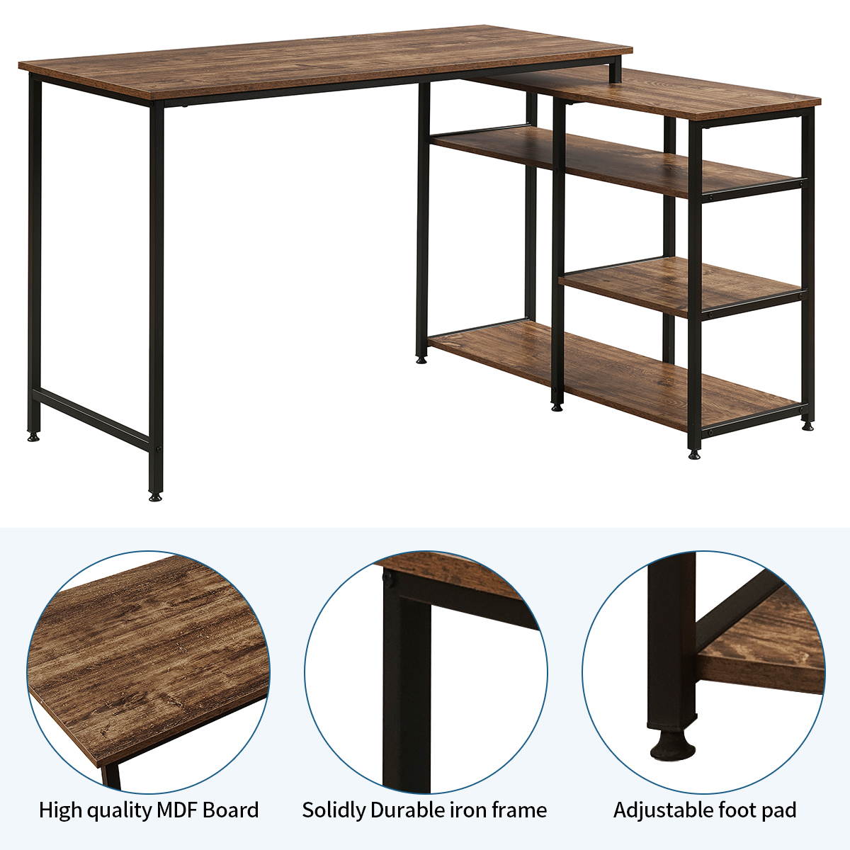 47" L-Shaped Computer Desk Home Office Desk Industrial Style Corner Desk Gaming Desk Left or Right Set Up with Open Shelves Vintage Brown