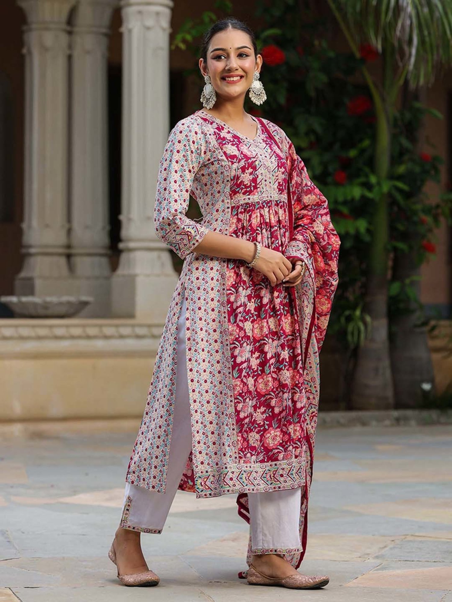 Rain and Rainbow Wine & White Cotton Floral Print Kurta With Pant & Dupatta