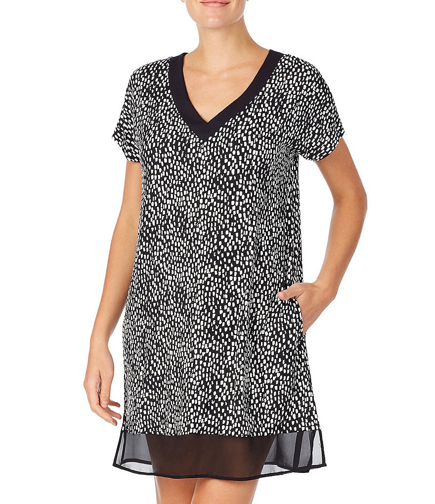 Donna Karan Geometric Print Jersey Knit V-Neck Short Sleeve Sleepshirt