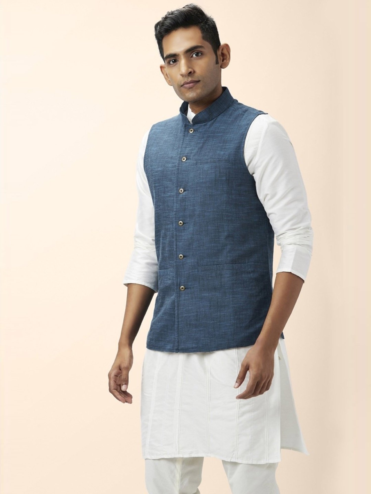 Indus Route By Pantaloons Navy Cotton Regular Fit Nehru Jacket
