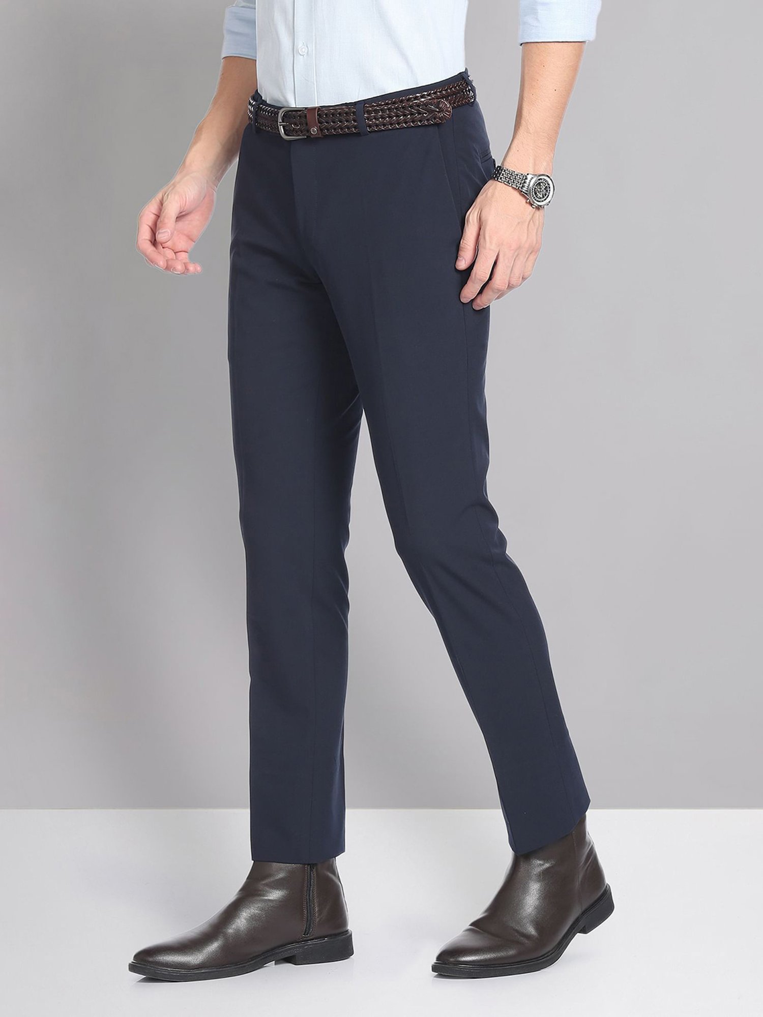 AD by Arvind Navy Slim Fit Flat Front Trousers