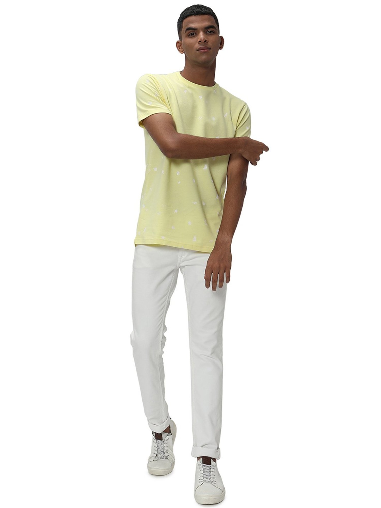 Mufti Yellow Slim Fit Printed Crew T-Shirt