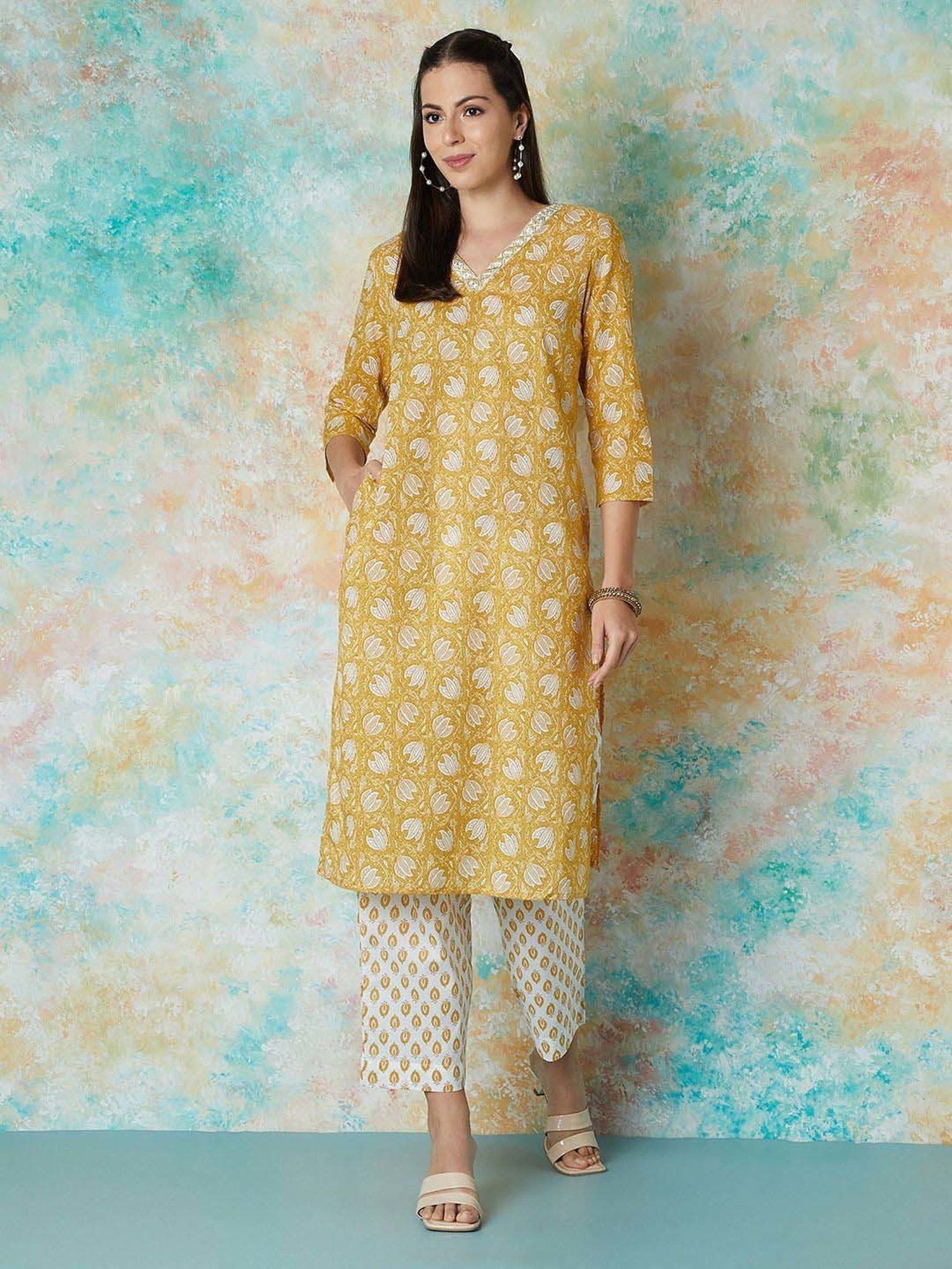 Melange by Lifestyle Mustard & White Cotton Printed Kurta & Pant Set