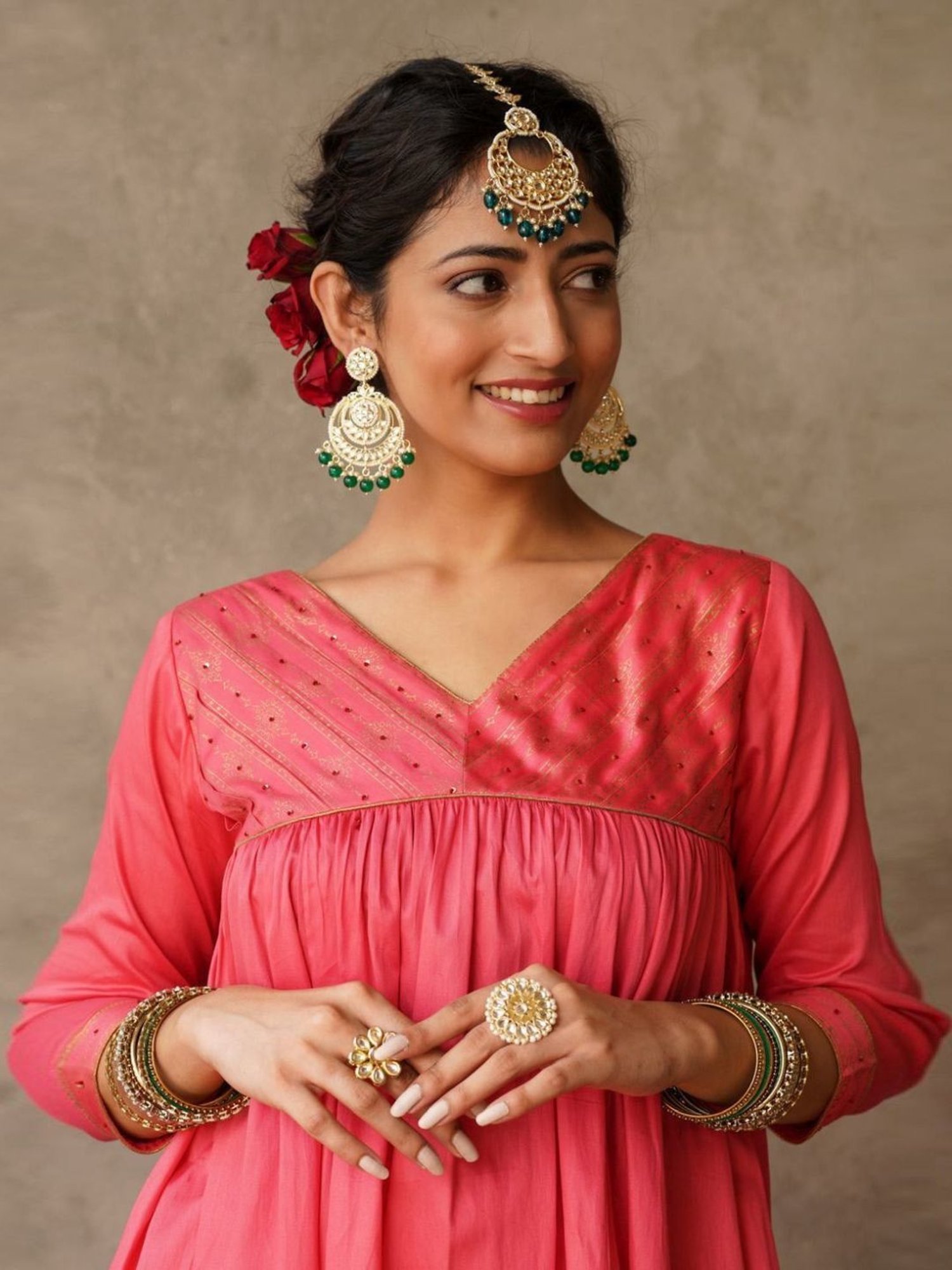 Akiso Coral Parv Block Printed Anarkali Kurta with Hand Embroidery Details On Yoke