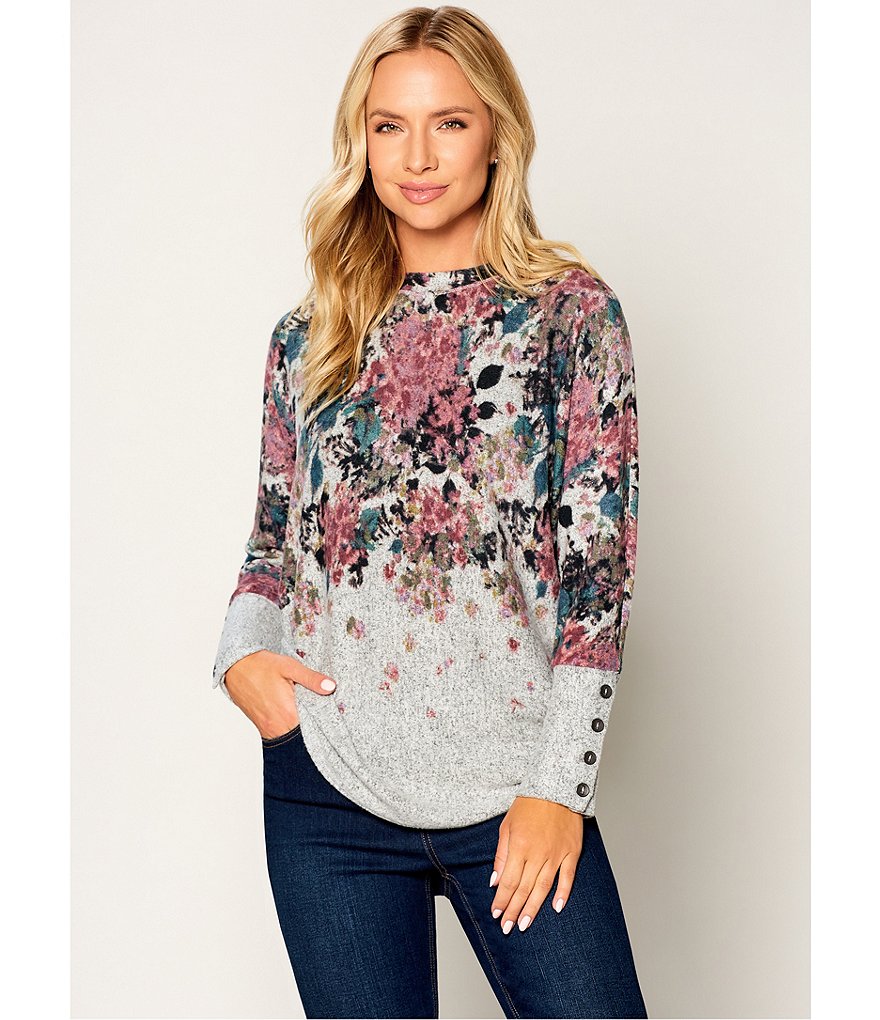 Westbound Petite Size Floral Placement Long Dolman Sleeve Button Cuff Crew Neck Top