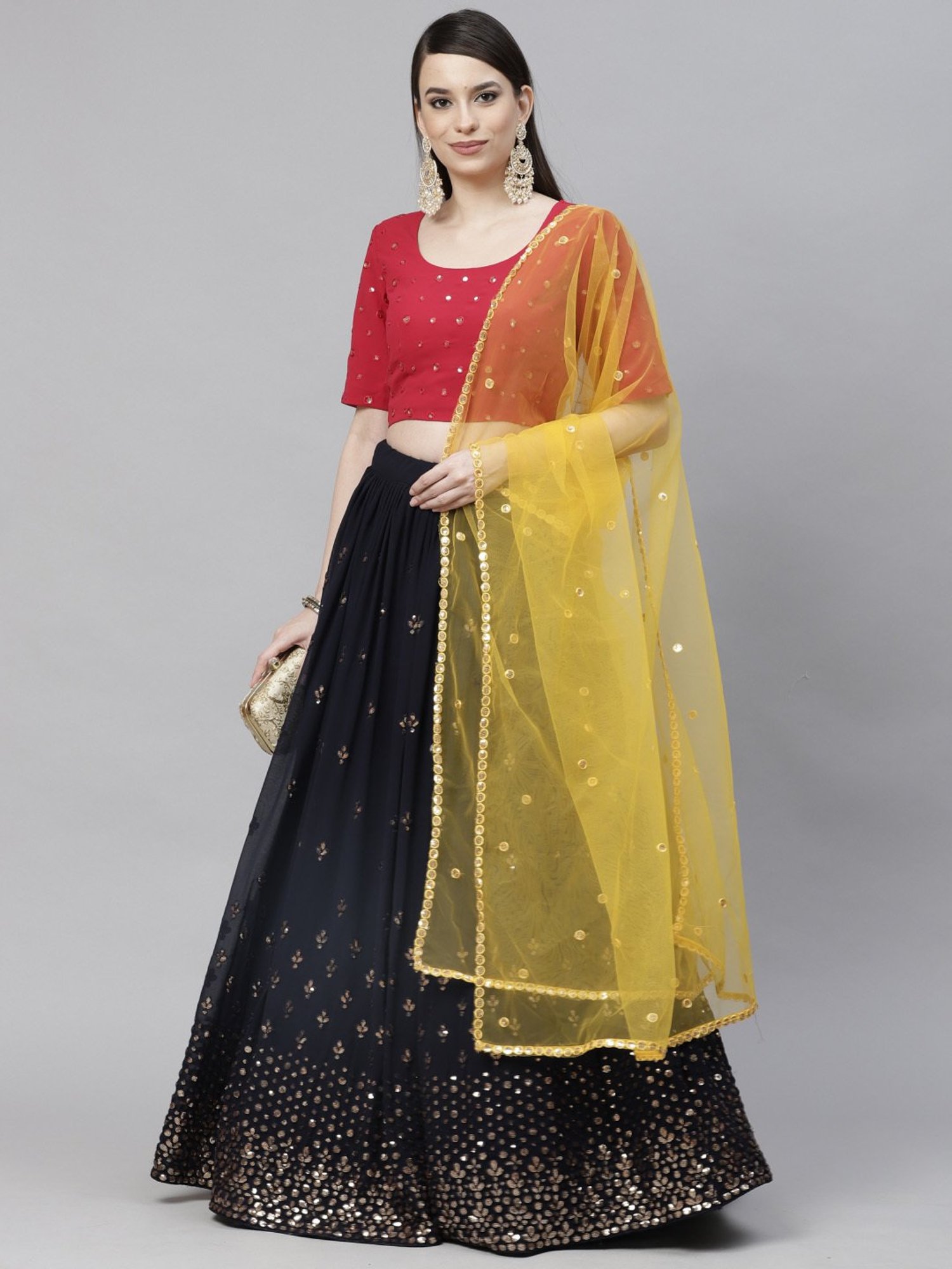 SHUBHKALA Navy Embellished Lehenga and Choli Set With Dupatta