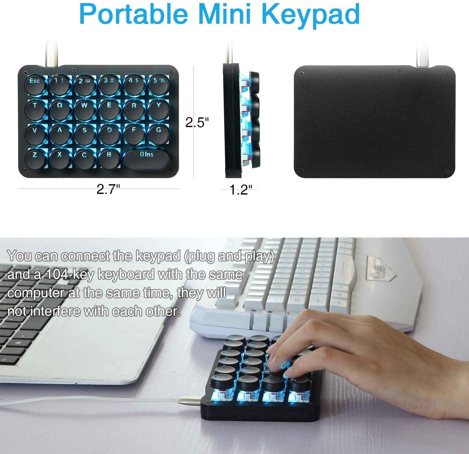 Koolertron One Handed Macro Mechanical Keyboard,Blue LED Backlit Portable Mini One-Handed Mechanical Gaming Keypad 23 Fully Programmable Keys Red Switches with Retro Classic Typewriter Round Keycaps