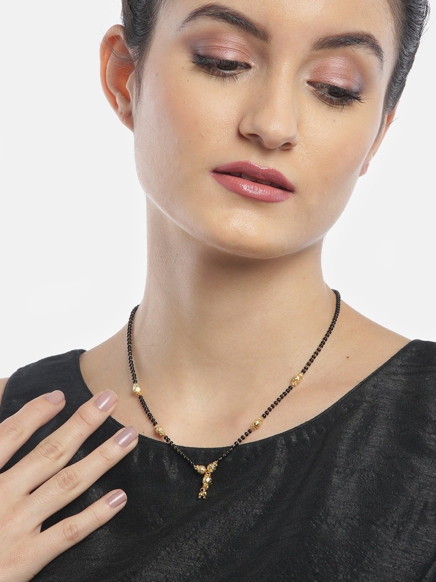 Abdesigns Gold-Plated American Diamond & Black Beaded Mangalsutra