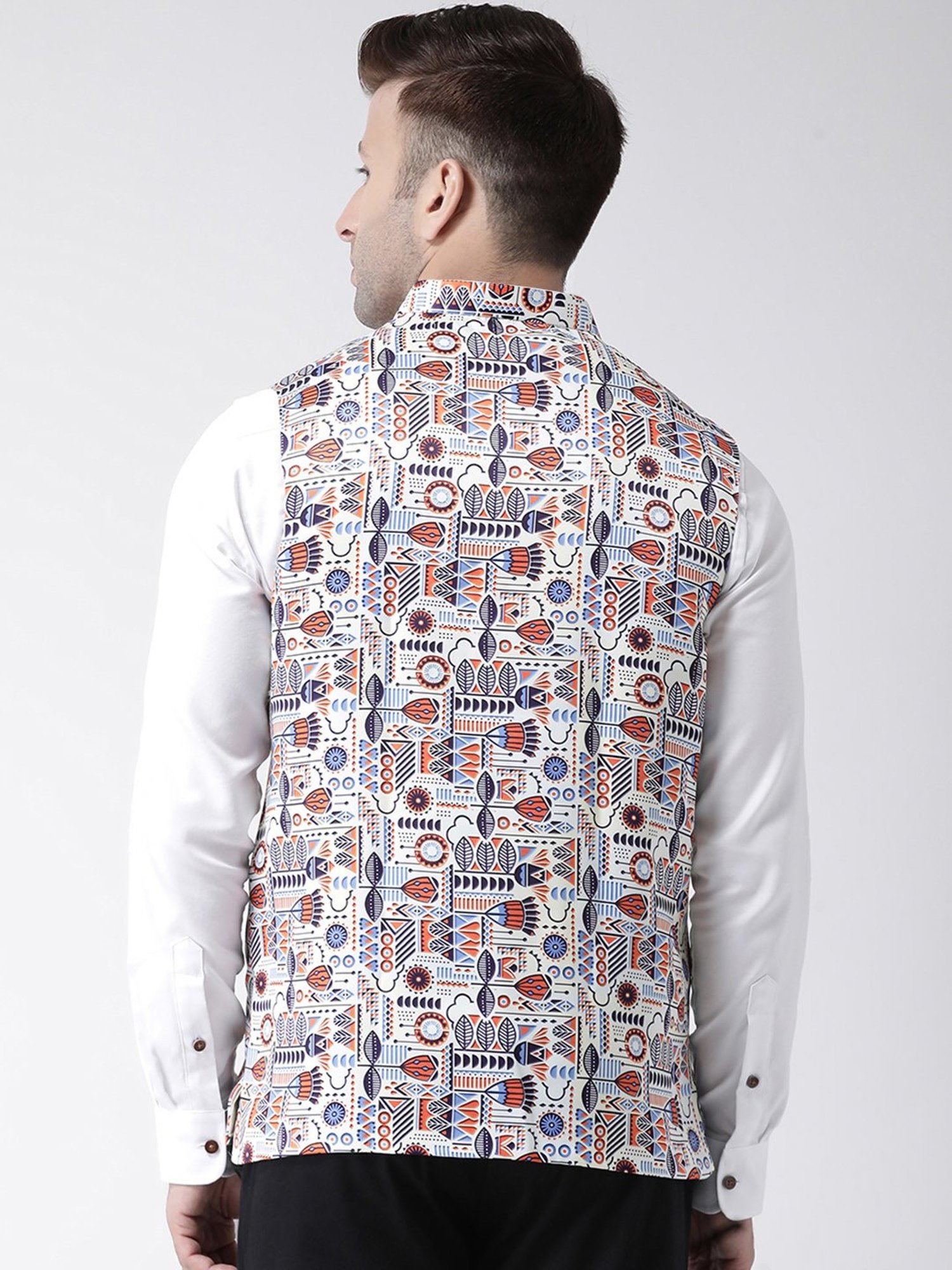 Hangup Plus White Regular Fit Printed Nehru Jacket
